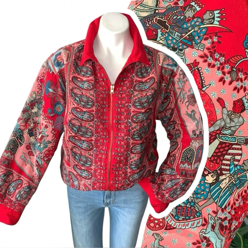 Vintage Vibrant Artsy Reversible Bomber Jacket Quilted - Picture 1 of 15